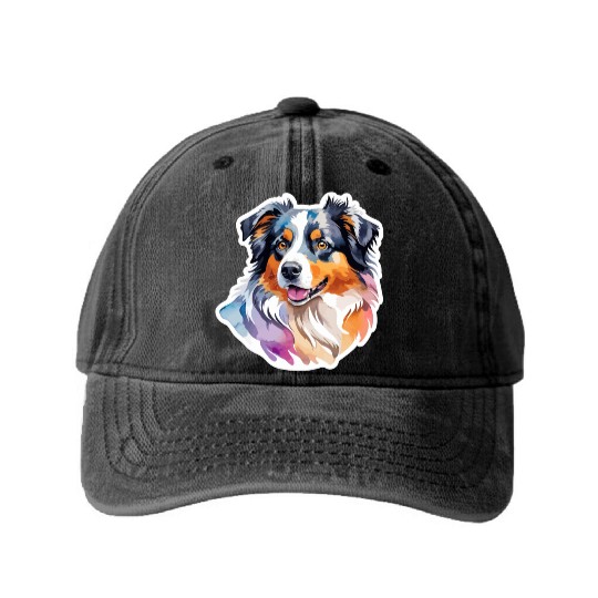 Australian Shepherd Watercolor Washed Denim Baseball Caps