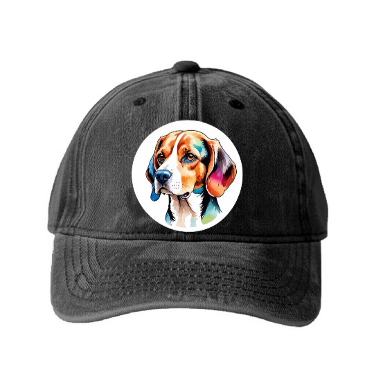 Beagle Watercolor Washed Denim Baseball Caps