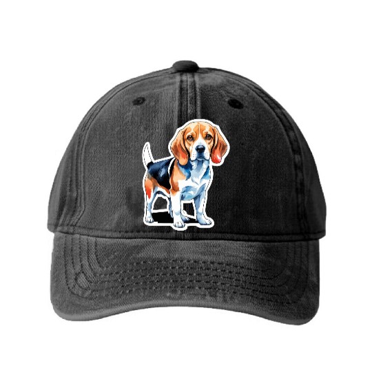 Beagle Watercolor Washed Denim Baseball Caps