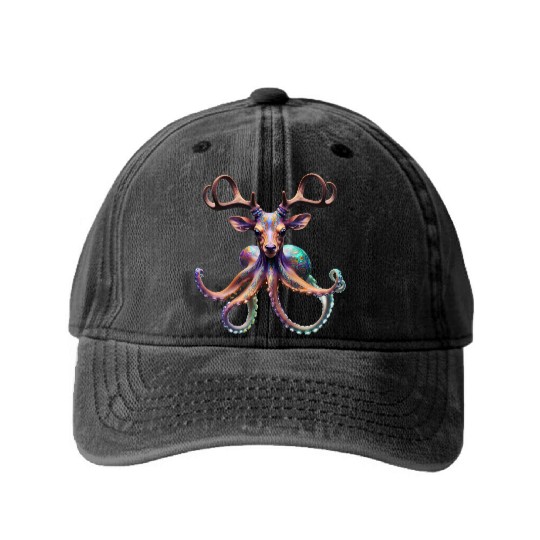 Psychedelic deer octopus with antlers Washed Denim Baseball Caps