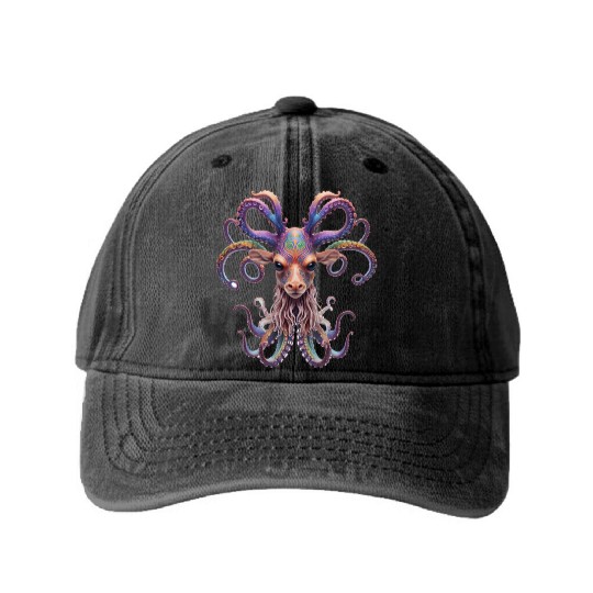Psychedelic goa deer octopus Washed Denim Baseball Caps