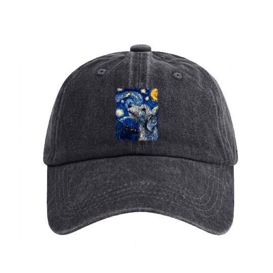 Irish Wolfhound Dog Starry Night Painting Washed Denim Baseball Caps
