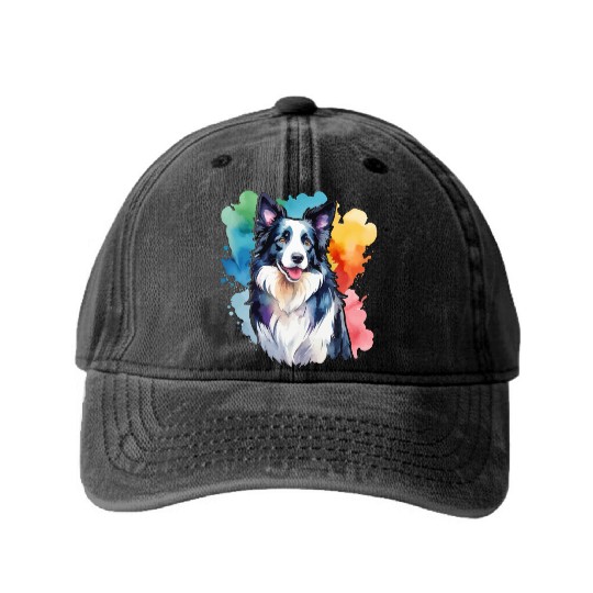 Border Collie Watercolor Washed Denim Baseball Caps