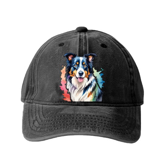 Border Collie Watercolor Washed Denim Baseball Caps