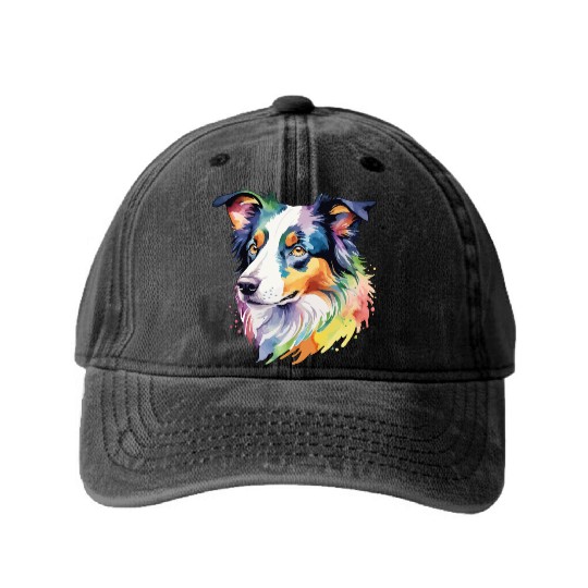 Border Collie Watercolor Washed Denim Baseball Caps