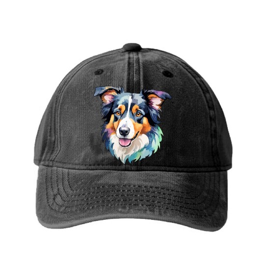 Border Collie Watercolor Washed Denim Baseball Caps