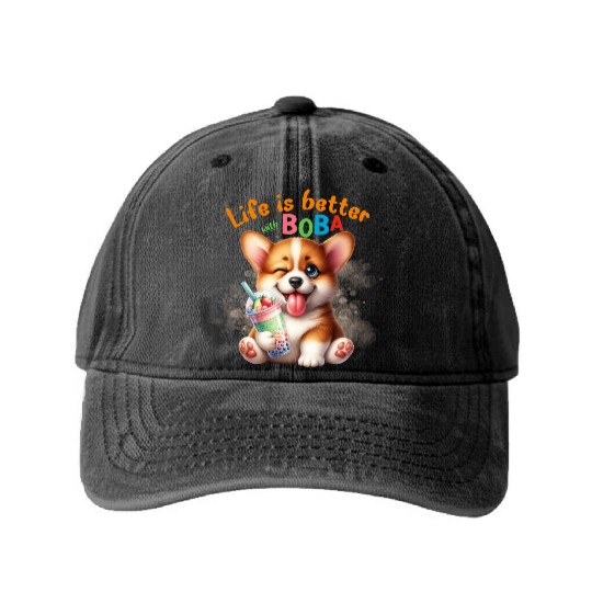Corgi with BOBA tea Milk TEA Bubble tea Washed Denim Baseball Caps