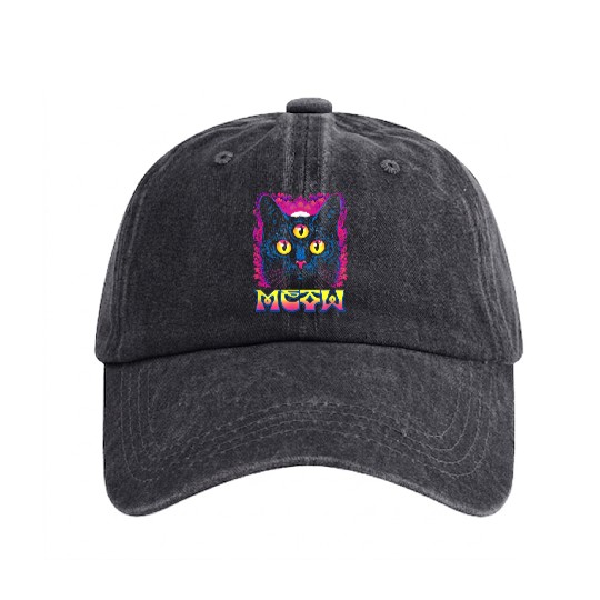 Rainbow Witch Cat Seeing Washed Denim Baseball Caps