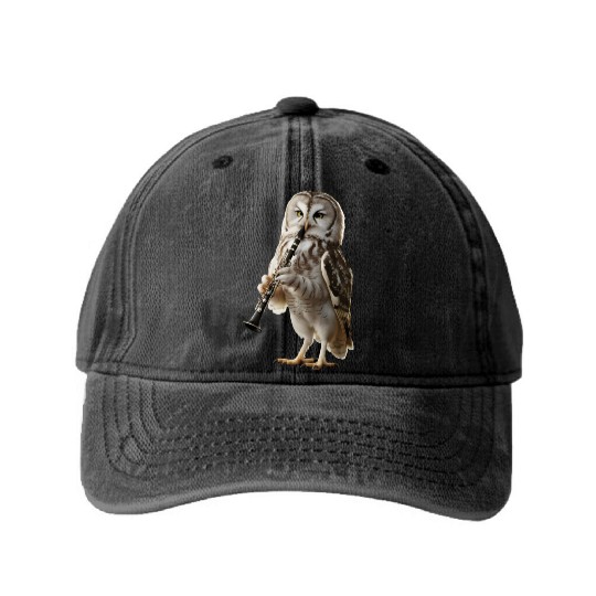 Owl Playing Clarinet Realistic Washed Denim Baseball Caps