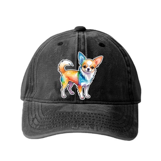 Chihuahua Watercolor Washed Denim Baseball Caps
