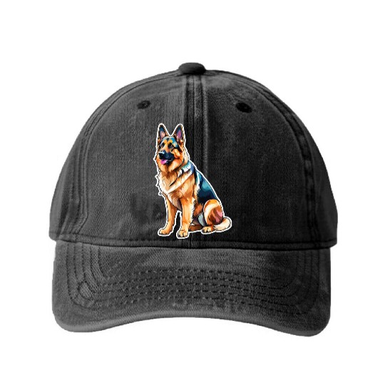 German Shepherd Watercolor Washed Denim Baseball Caps