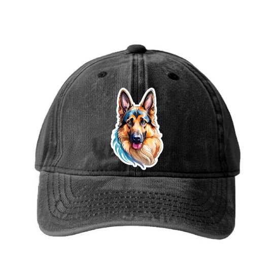 German Shepherd Watercolor Washed Denim Baseball Caps