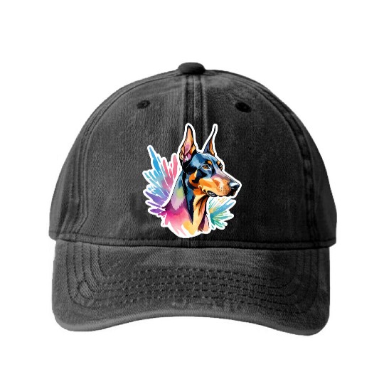 Dobermann Watercolor Washed Denim Baseball Caps