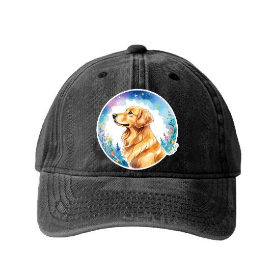 Golden Retriever Watercolor Washed Denim Baseball Caps