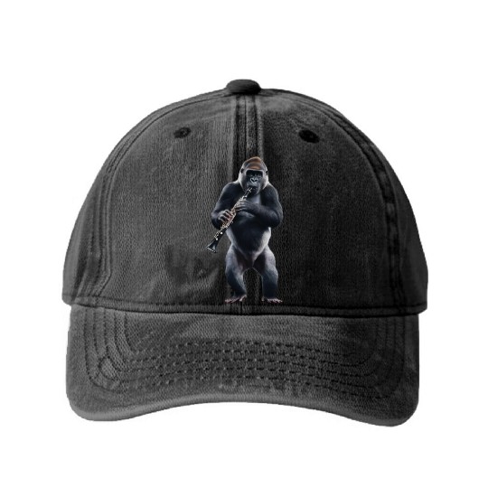 Gorilla Playing Clarinet Realistic Washed Denim Baseball Caps