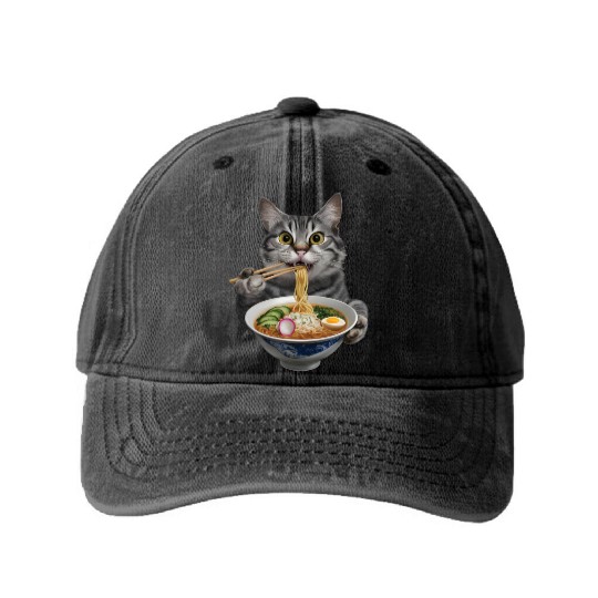 Cat Eating Ramen Realistic Washed Denim Baseball Caps