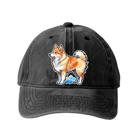 Icelandic Sheepdog Watercolor Washed Denim Baseball Caps