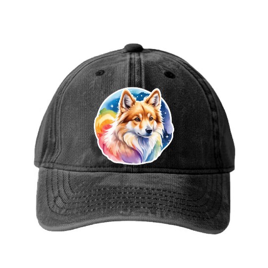 Icelandic Sheepdog Watercolor Washed Denim Baseball Caps