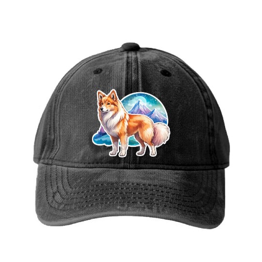 Icelandic Sheepdog Watercolor Washed Denim Baseball Caps