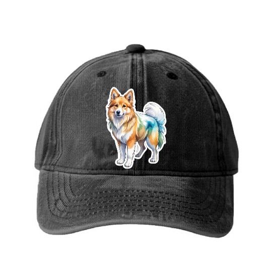Icelandic Sheepdog Watercolor Washed Denim Baseball Caps