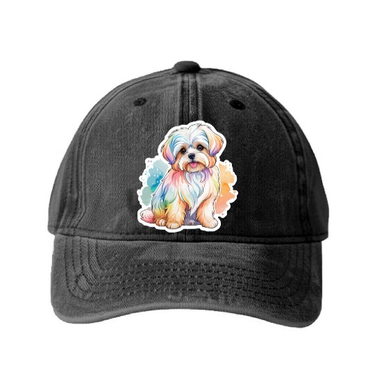 Maltese Dog Watercolor Washed Denim Baseball Caps