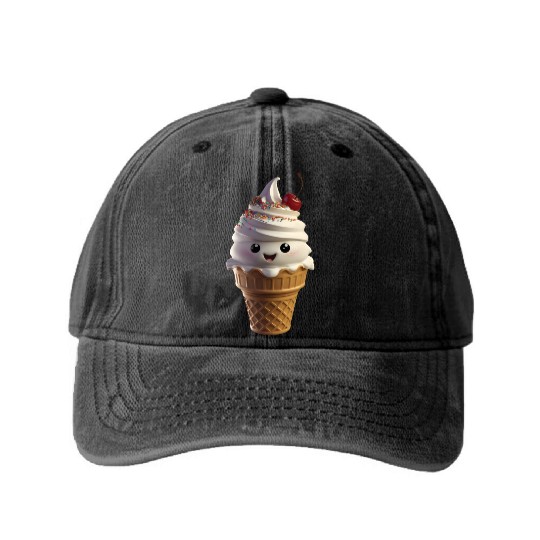 Happy Ice Cream Realistic Washed Denim Baseball Caps