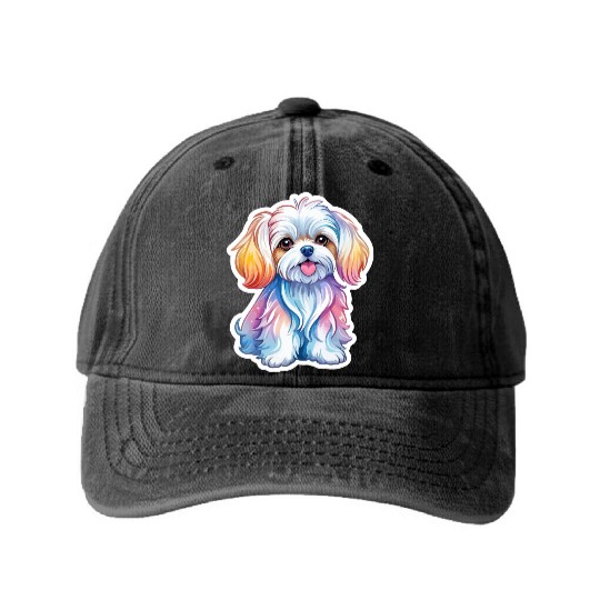 Maltese Dog Watercolor Washed Denim Baseball Caps