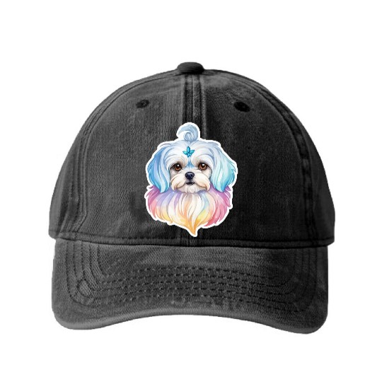 Maltese Dog Watercolor Washed Denim Baseball Caps