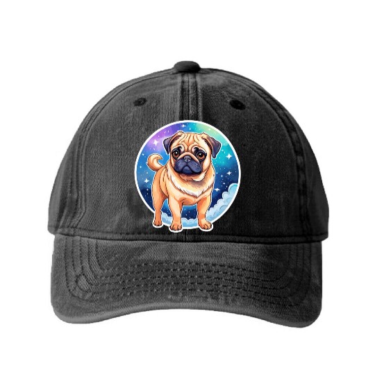 Pug Watercolor Washed Denim Baseball Caps