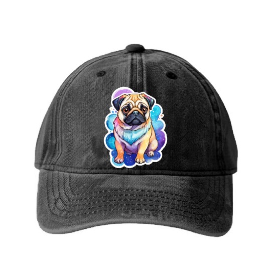 Pug Watercolor Washed Denim Baseball Caps