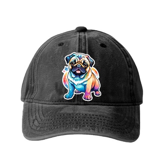 Pug Watercolor Washed Denim Baseball Caps