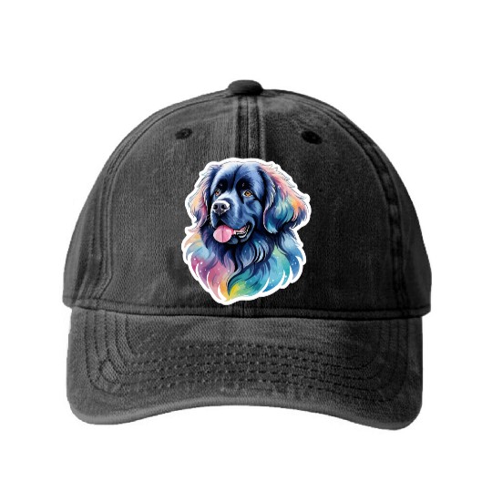 Newfoundland Dog Watercolor Washed Denim Baseball Caps