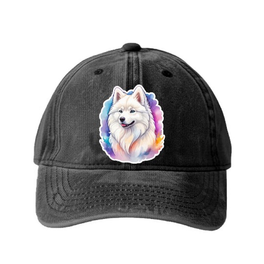 Samoyed Dog Watercolor Washed Denim Baseball Caps