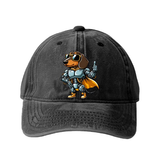 Dachshund robot cyborg sci-fi dog mech design Washed Denim Baseball Caps