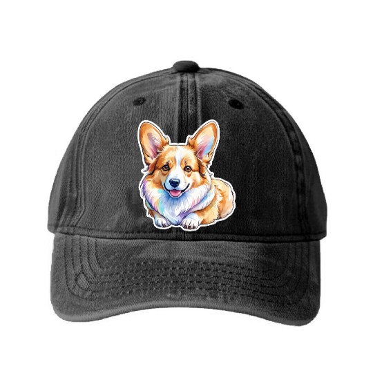 Pembroke Welsh Corgi Watercolor Washed Denim Baseball Caps