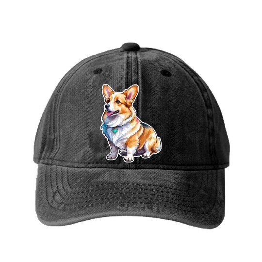 Pembroke Welsh Corgi Watercolor Washed Denim Baseball Caps