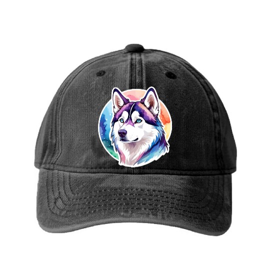 Siberian Husky Watercolor Washed Denim Baseball Caps