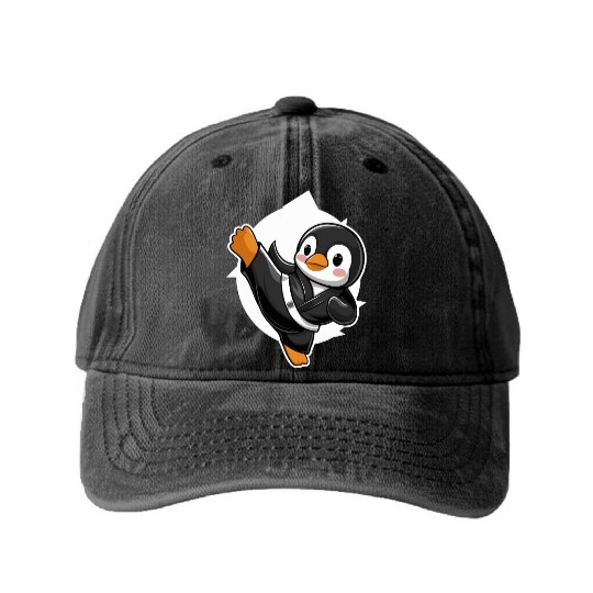 Martial Arts Penguin in Black Belt Uniform Washed Denim Baseball Caps