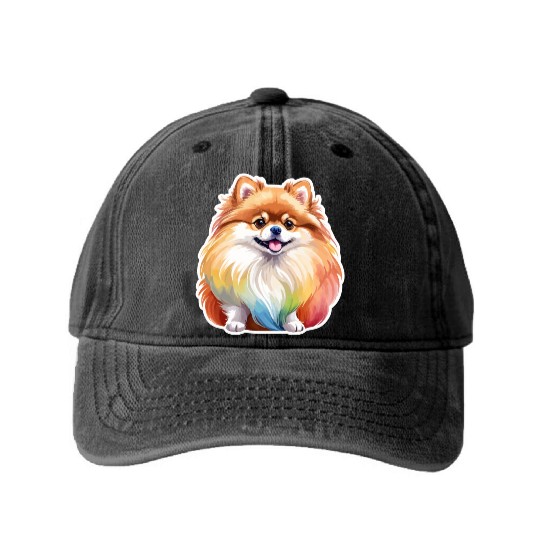 Pomeranian Watercolor Washed Denim Baseball Caps