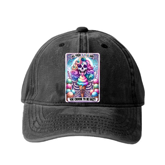 Funny Skeleton Salty Tarot Card, Funny Tarot Card Washed Denim Baseball Caps