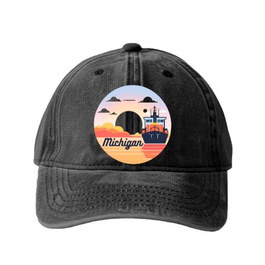 Michigan Boat with Sunset Washed Denim Baseball Caps
