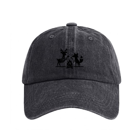 Deer and Fox Camping Campfire - vector one color Washed Denim Baseball Caps