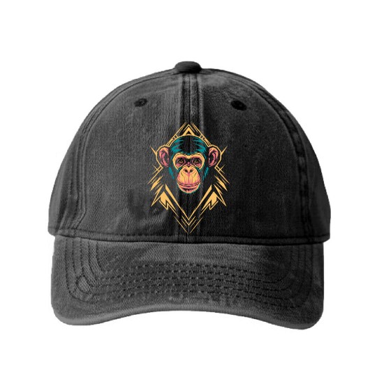 Vibrant Geometric Monkey Art with Neon Colors Washed Denim Baseball Caps