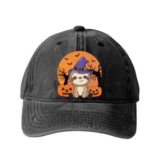 Fault Witch Pumpkin Sloths Happy Halloween Washed Denim Baseball Caps