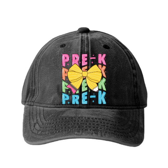Retro Coquette Pre-K Teacher Student Funny Back To Washed Denim Baseball Caps
