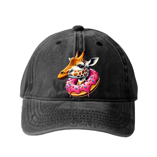 funny feast for the eyes - giraffe with donut Washed Denim Baseball Caps