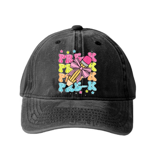 Pre K Teacher Pencil Coquette Bow Back To School K Washed Denim Baseball Caps