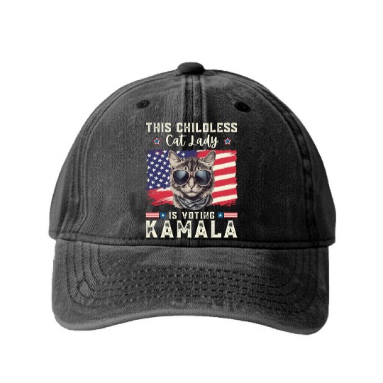 This childless Cat lady for kamala Harris 2024 Washed Denim Baseball Caps