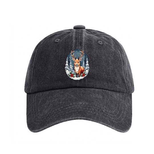Christmas Deer with Poinsettia and Snow Washed Denim Baseball Caps