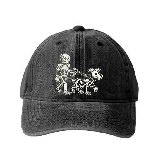 Skeleton Leads Dog Funny Skull Pet For Halloween C Washed Denim Baseball Caps